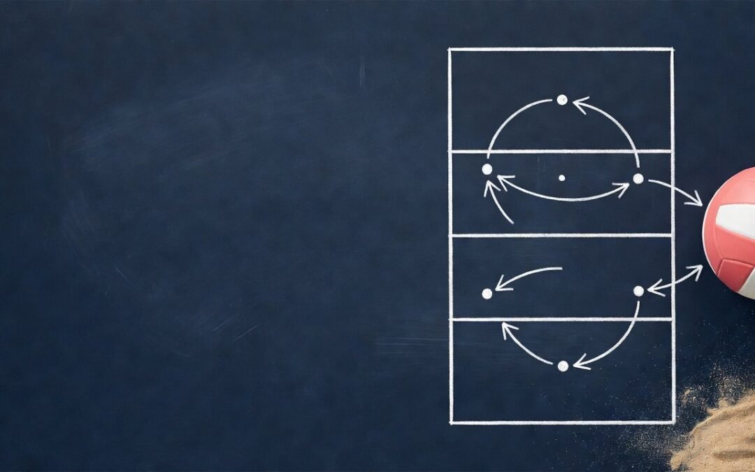Dunkelblaue Taktiktafel mit Volleyballfeld in Kreide und rotem Ball (Illustration, KI)